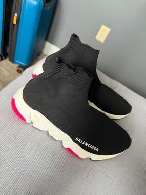 Balenciaga Black Knit Sock Sneakers with Pink Heel Detail